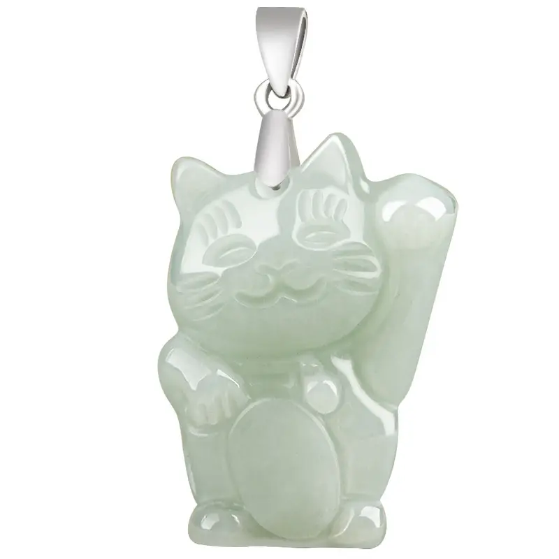 Natural Burmese Jade Lucky Cat Pendant Light Green S925 Silver - Image 5