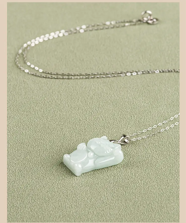 Natural Burmese Jade Lucky Cat Pendant Light Green S925 Silver — feature 7