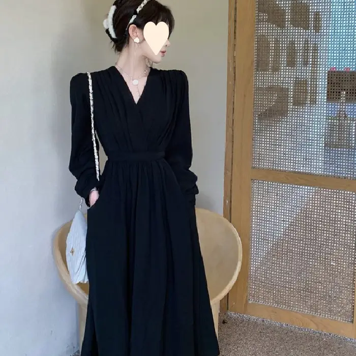 Black V-Neck Fat Girl Dress 2025 - Image 2