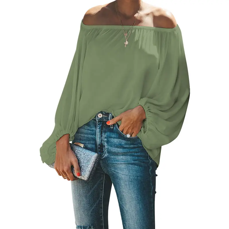 2025 Off-Shoulder T-Shirt for Women Autumn Loose Sleeve Green - Image 2