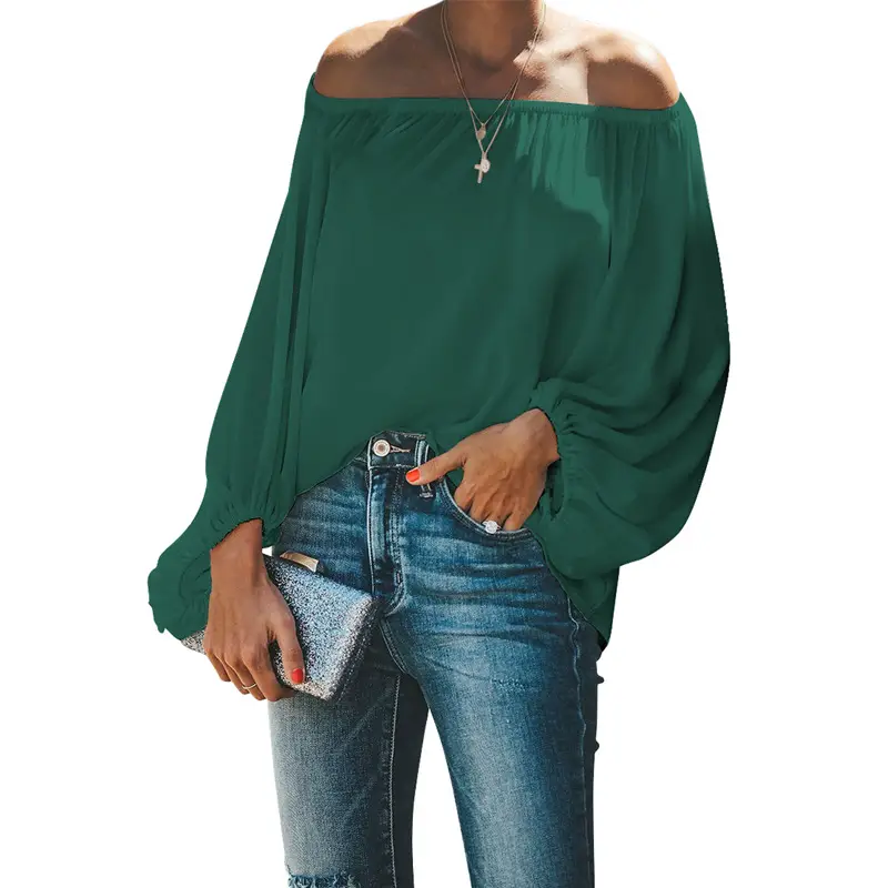 2025 Off-Shoulder T-Shirt for Women Autumn Loose Sleeve Green - Image 3