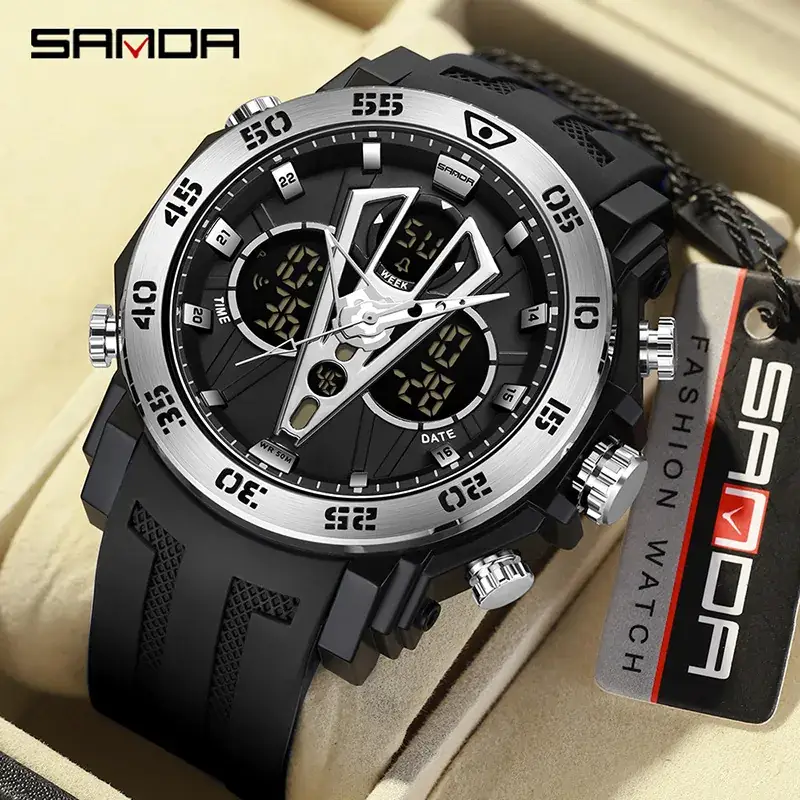 Sanda Dual Display Watch Men's Green Luminous Alarm Clock - Image 9