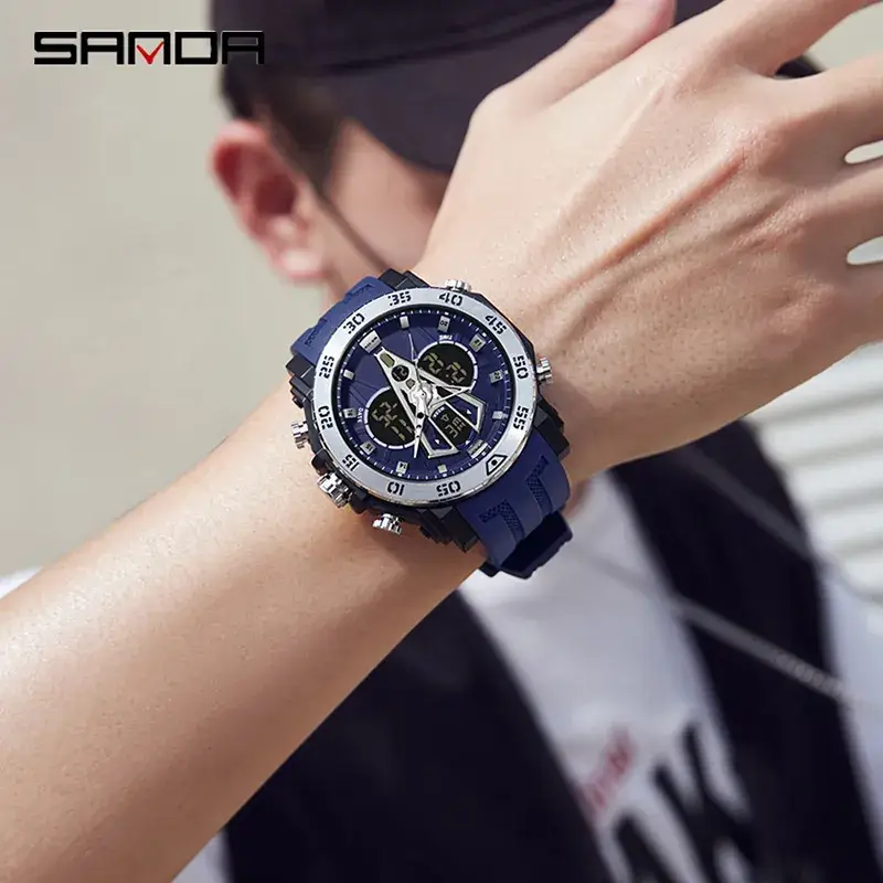 Sanda Dual Display Watch Men's Green Luminous Alarm Clock - Image 11