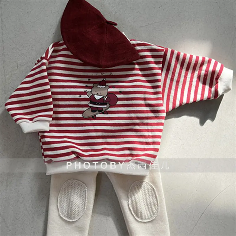 Korean Style Striped Fleece Sweatshirt Set for Boys Girls — feature 10