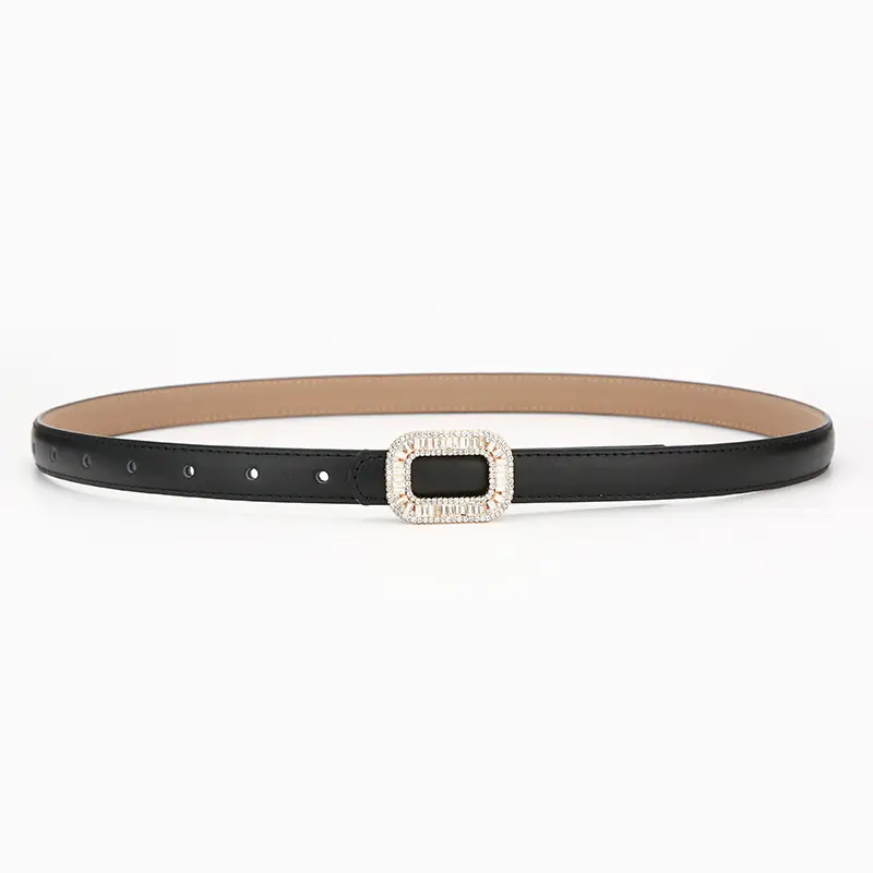 Women's Black Leather Belt with Diamond Buckle - Image 6