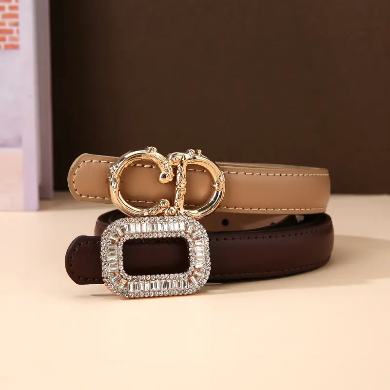 Women's Black Leather Belt with Diamond Buckle - Image 8