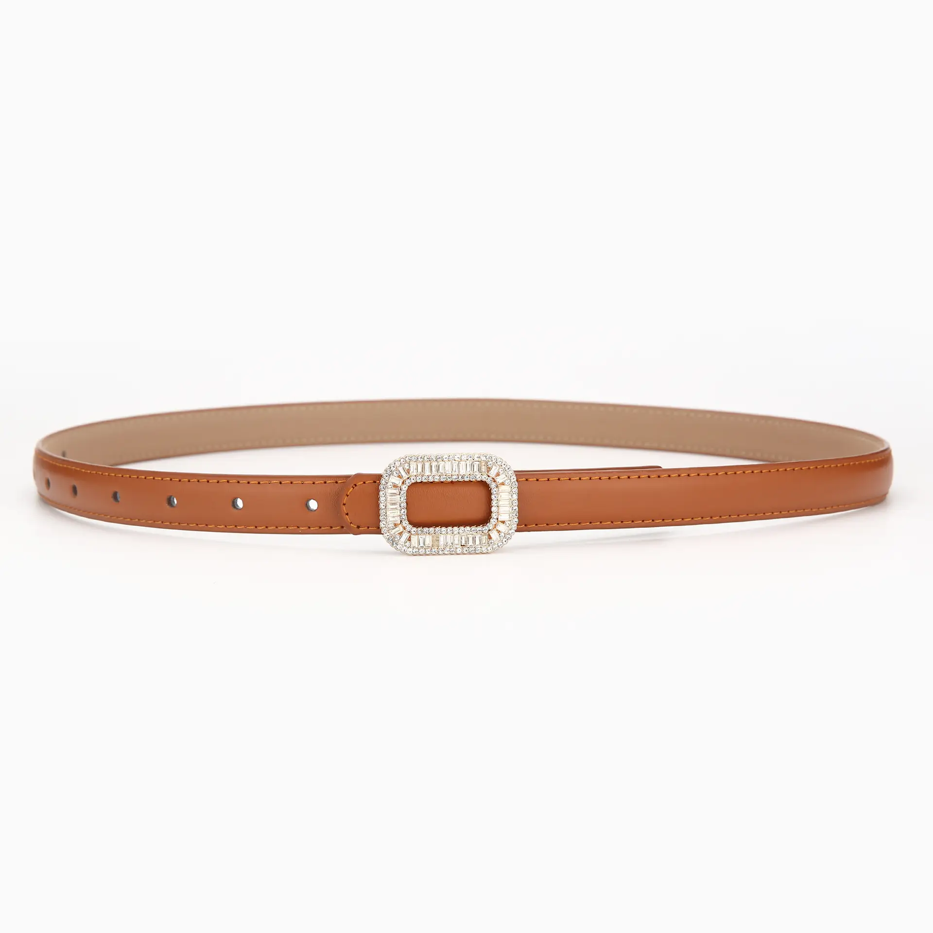 Women's Black Leather Belt with Diamond Buckle - Image 9