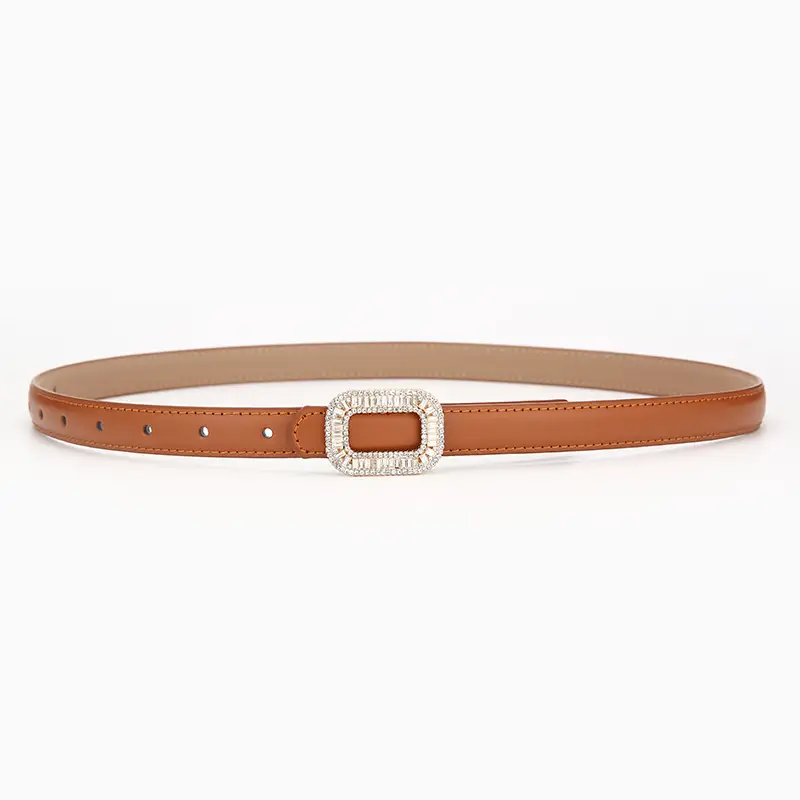 Women's Black Leather Belt with Diamond Buckle - Image 2