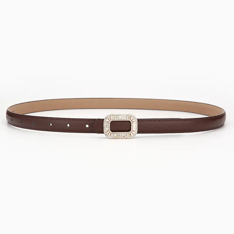 Women's Black Leather Belt with Diamond Buckle - Image 3