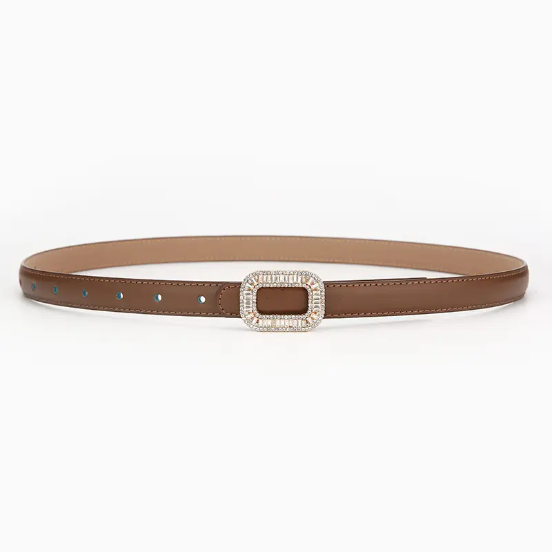 Women's Black Leather Belt with Diamond Buckle - Image 5