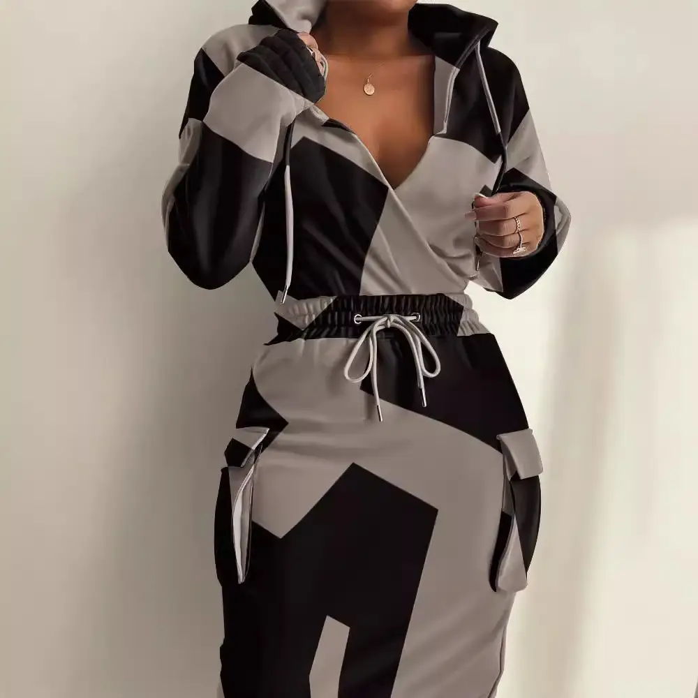2023 Black Grey Printed Waist Pocket Hoodie Pants Set