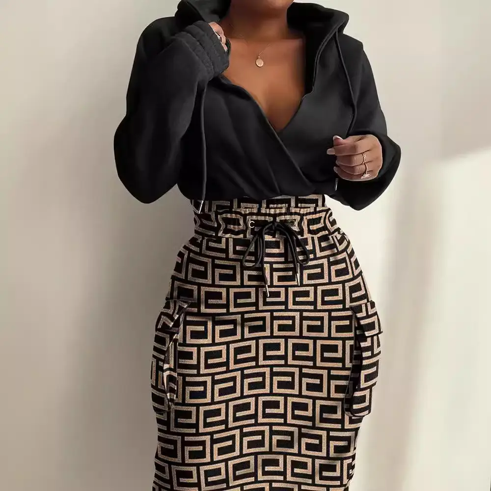 2023 Black Grey Printed Waist Pocket Hoodie Pants Set