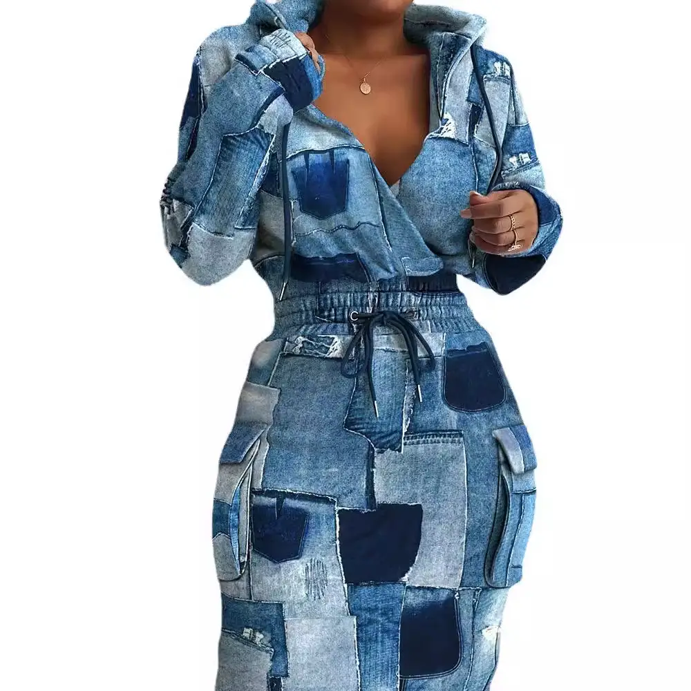 2023 Black Grey Printed Waist Pocket Hoodie Pants Set