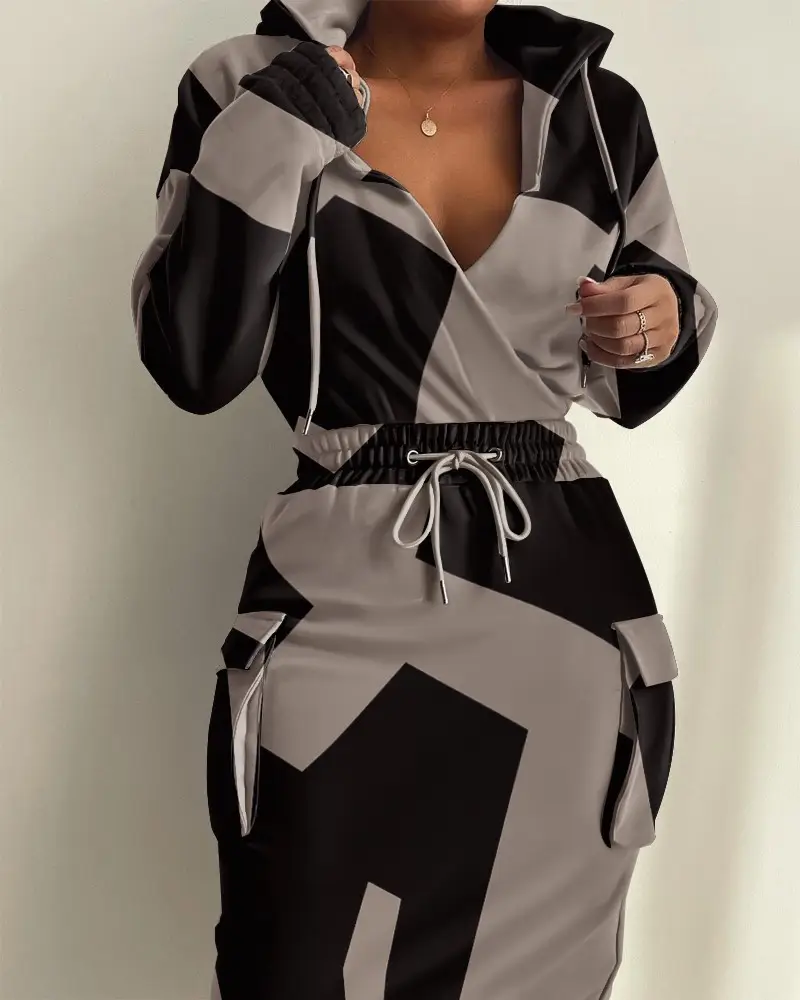 2023 Black Grey Printed Waist Pocket Hoodie Pants Set