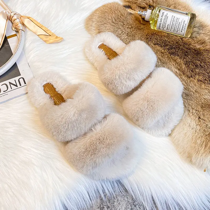 Grape Mom's Same Style Fleece-Lined Thick-Soled Flat Slippers with Furry Trim for Women, Suitable for Spring and Autumn