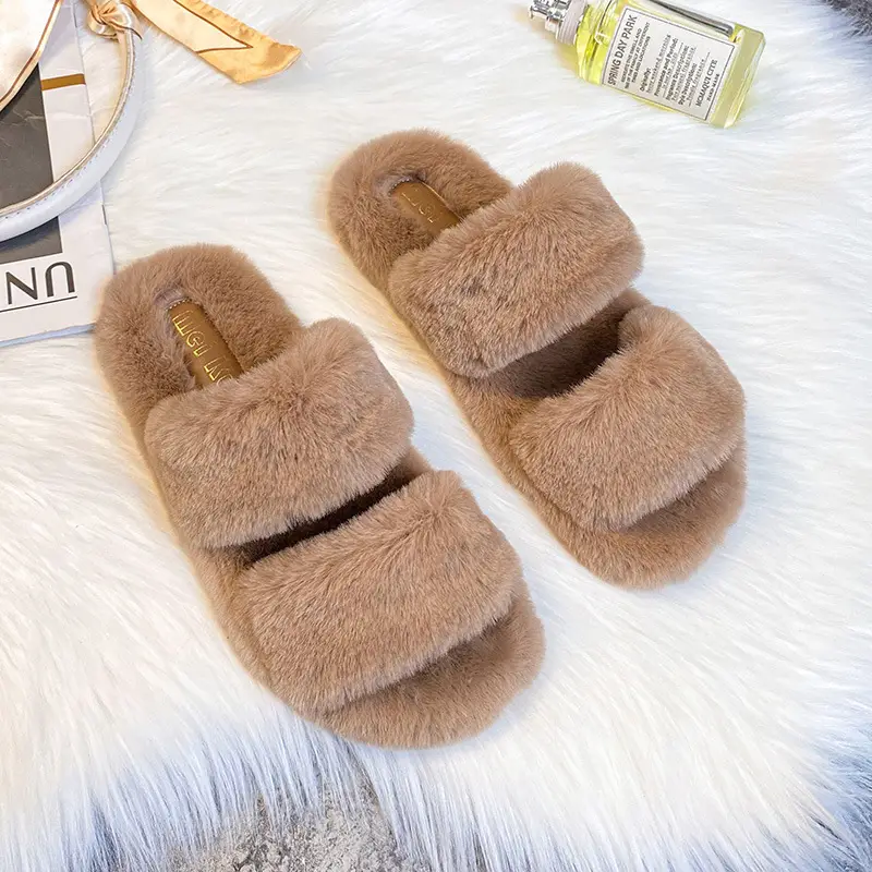 Grape Mom's Same Style Fleece-Lined Thick-Soled Flat Slippers with Furry Trim for Women, Suitable for Spring and Autumn