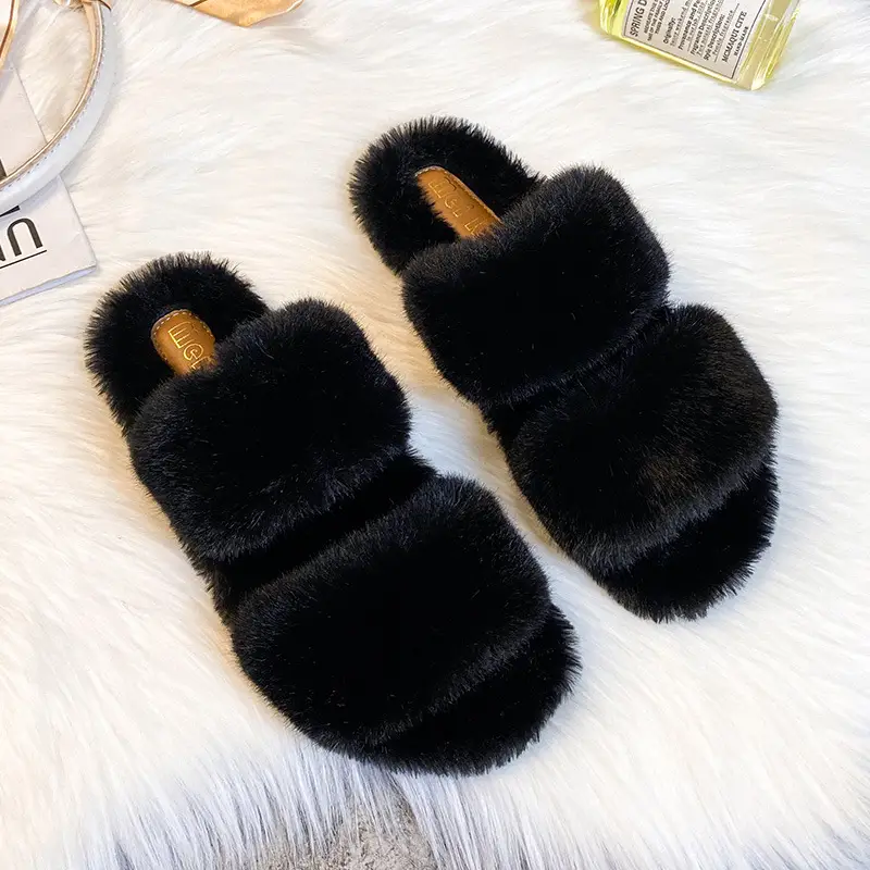Grape Mom's Same Style Fleece-Lined Thick-Soled Flat Slippers with Furry Trim for Women, Suitable for Spring and Autumn