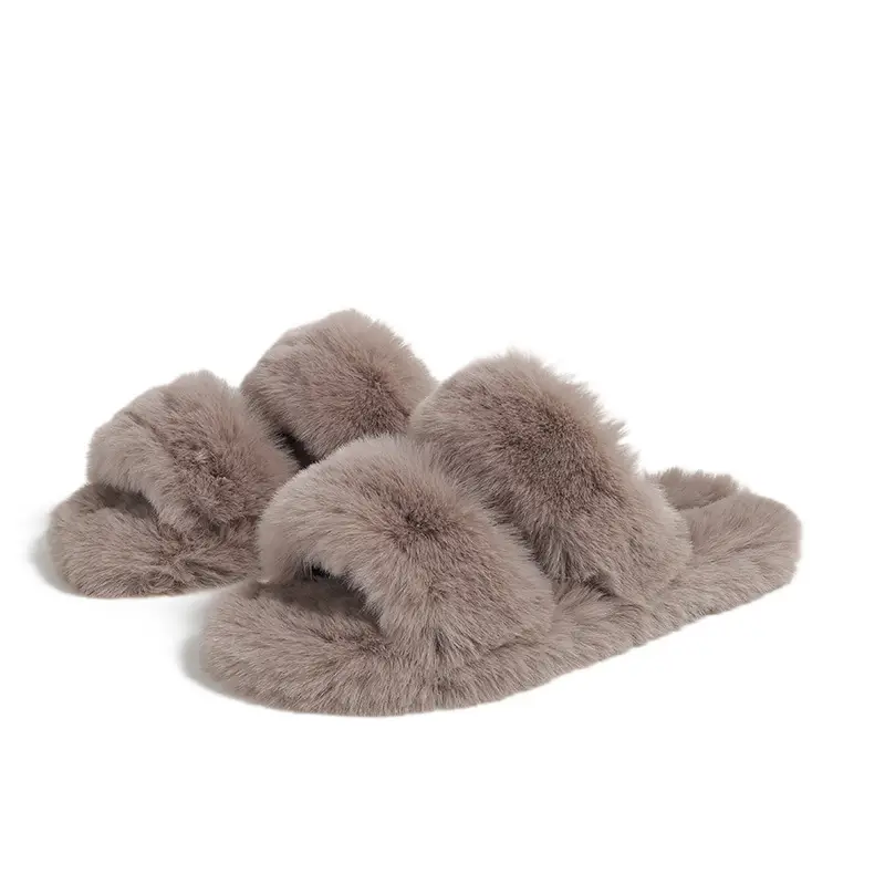 Grape Mom's Same Style Fleece-Lined Thick-Soled Flat Slippers with Furry Trim for Women, Suitable for Spring and Autumn