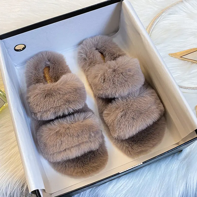 Grape Mom's Same Style Fleece-Lined Thick-Soled Flat Slippers with Furry Trim for Women, Suitable for Spring and Autumn