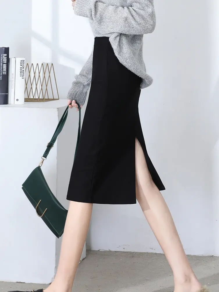Black Mid-Length Hip Skirt with Split Seam - Image 6
