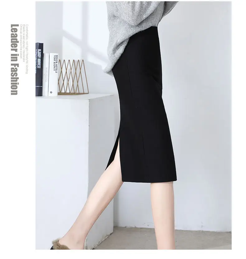 Black Mid-Length Hip Skirt with Split Seam — feature 12