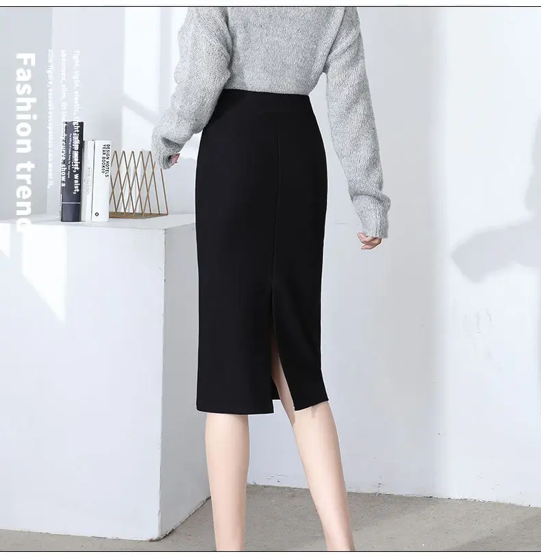 Black Mid-Length Hip Skirt with Split Seam — feature 9