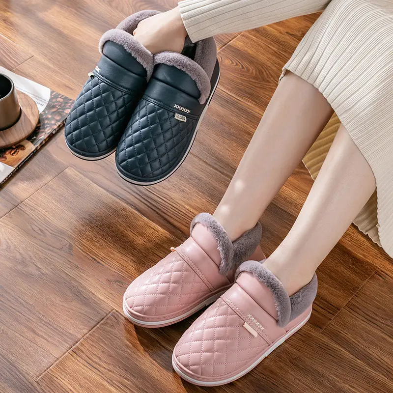 Waterproof Slippers Winter Simple Leather Cotton Home Non-Slip Warm Couple Bag Heel Cotton Men and Women Wholesale Home Leisure - Image 7