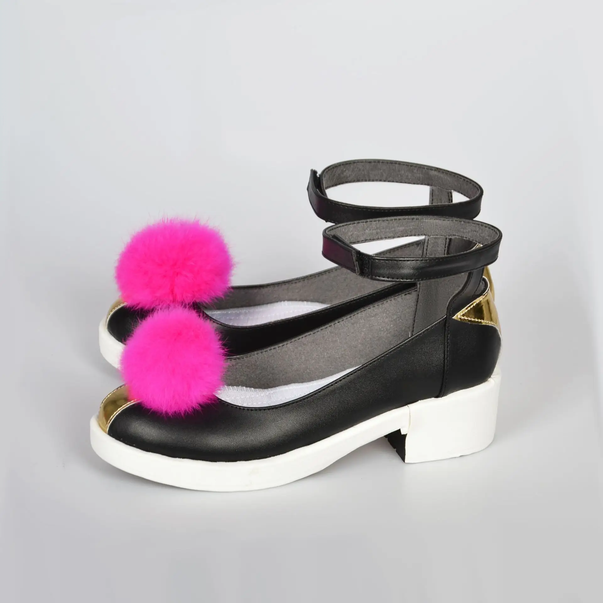 Black Pom Pom Heel Sandals with Gold Strap