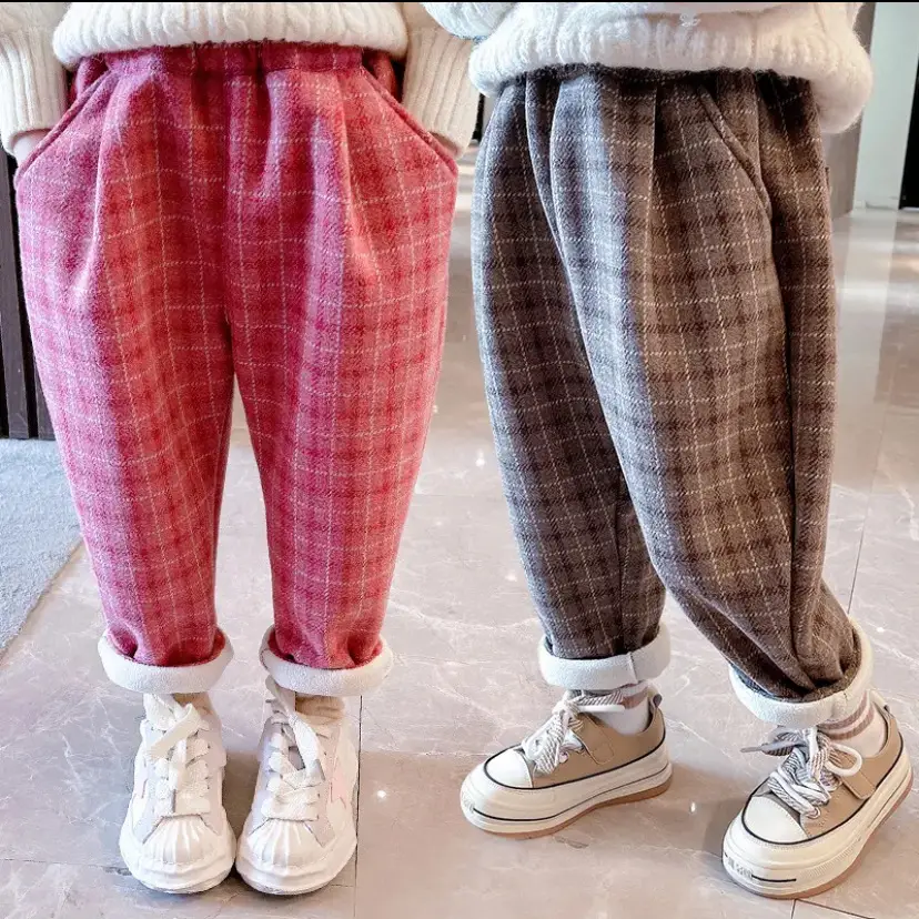 Girls Plaid Velvet Trousers Spring Autumn Middle Small - Image 4