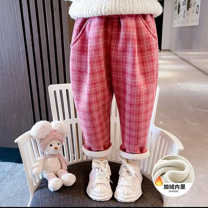 Girls Plaid Velvet Trousers Spring Autumn Middle Small - Image 5