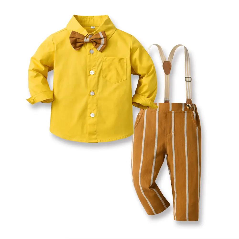 Boys Striped Korean Style Suit Yellow Bowtie Pants
