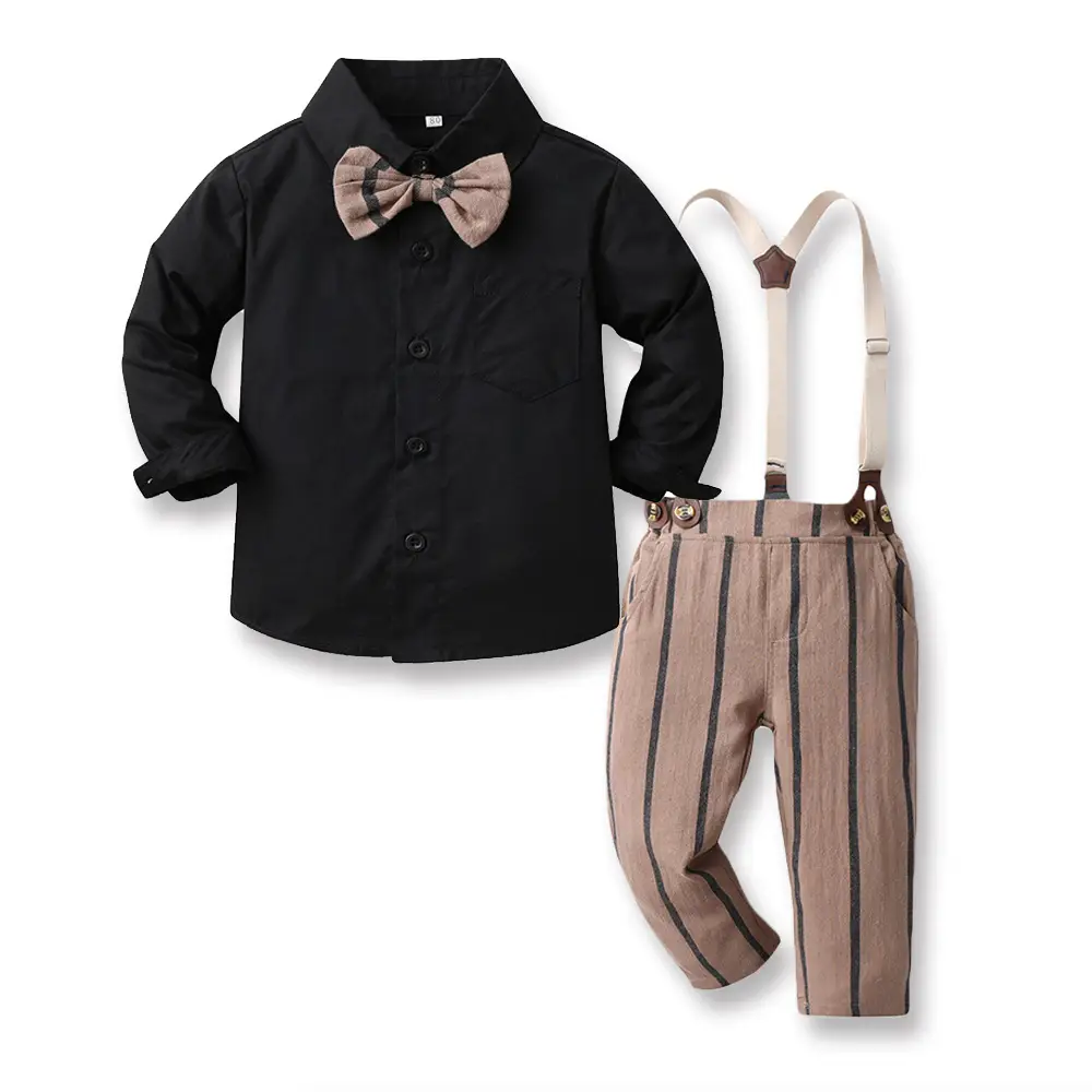 Boys Striped Korean Style Suit Yellow Bowtie Pants