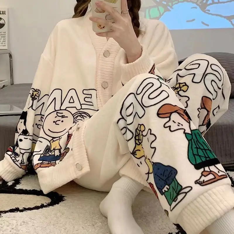 Women's Winter Cartoon Fleece Pajamas Coral Thickened - Image 6