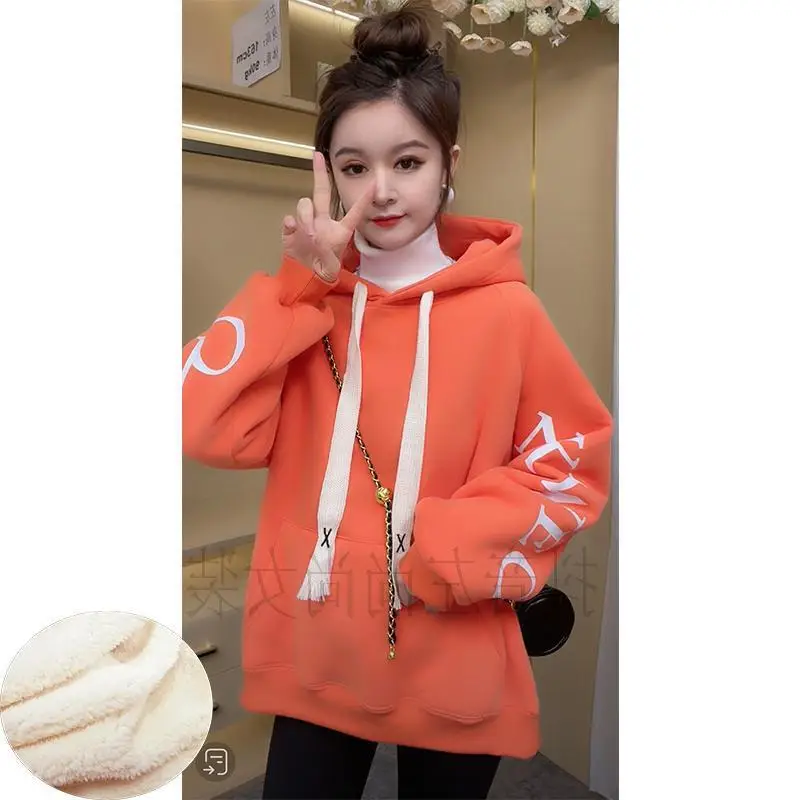 Women Fleece Hoodie Orange White Drawstring Casual Winter - Image 5