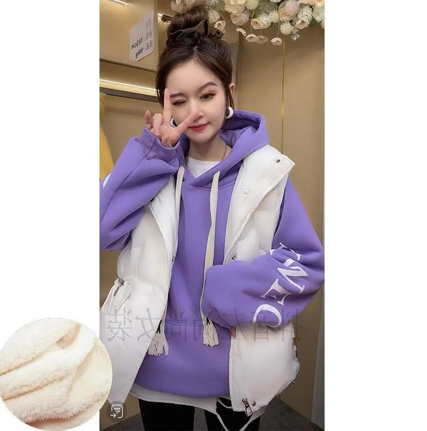 Women Fleece Hoodie Orange White Drawstring Casual Winter - Image 7
