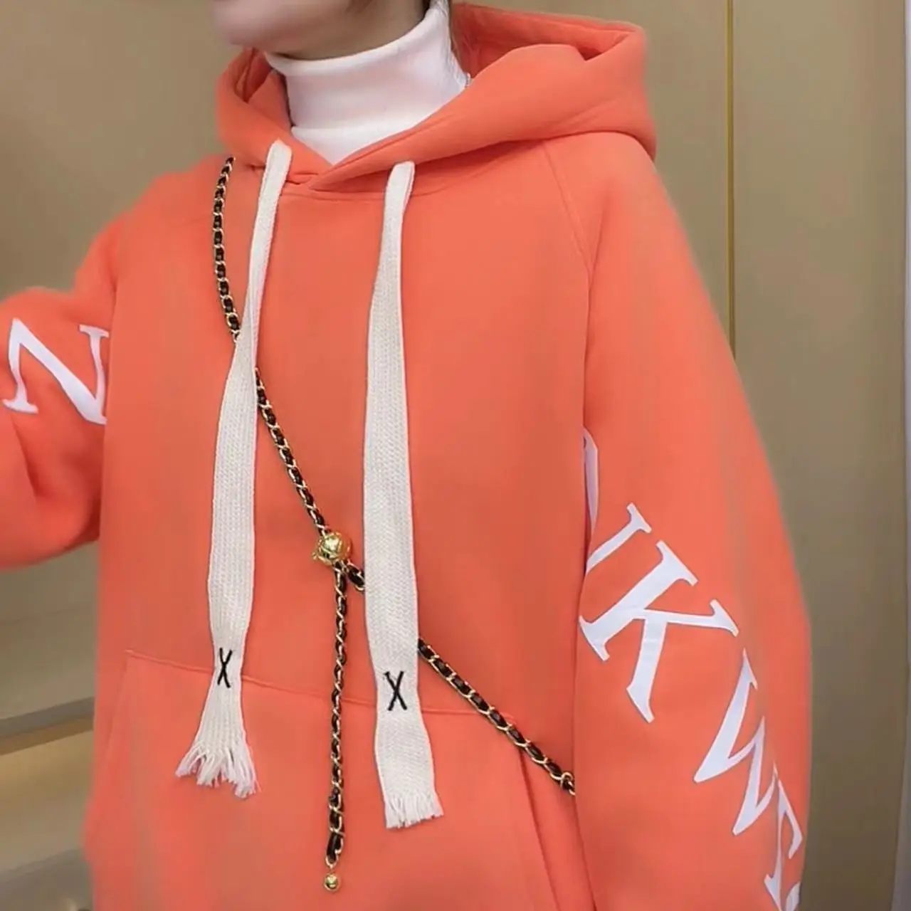 Women Fleece Hoodie Orange White Drawstring Casual Winter - Image 8