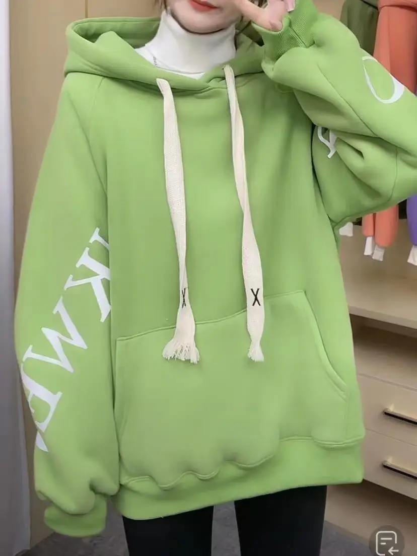 Women Fleece Hoodie Orange White Drawstring Casual Winter - Image 3