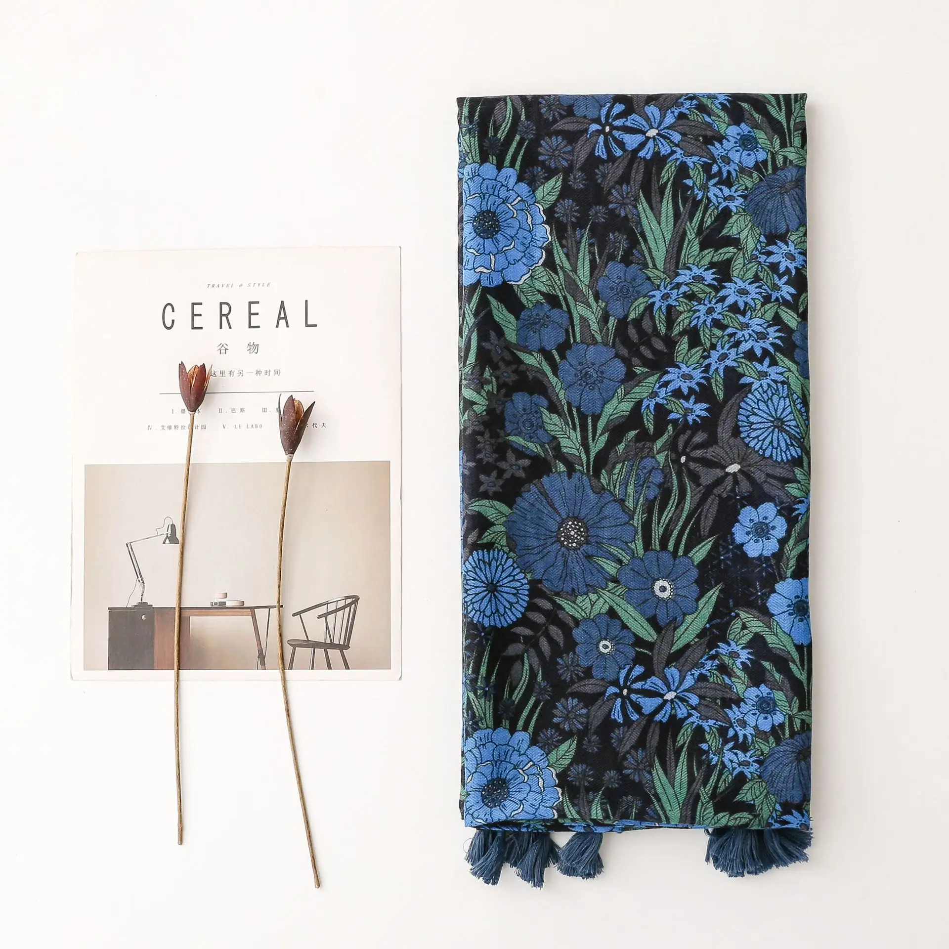 Vintage Blue Floral Silk Scarf for Women - Image 2