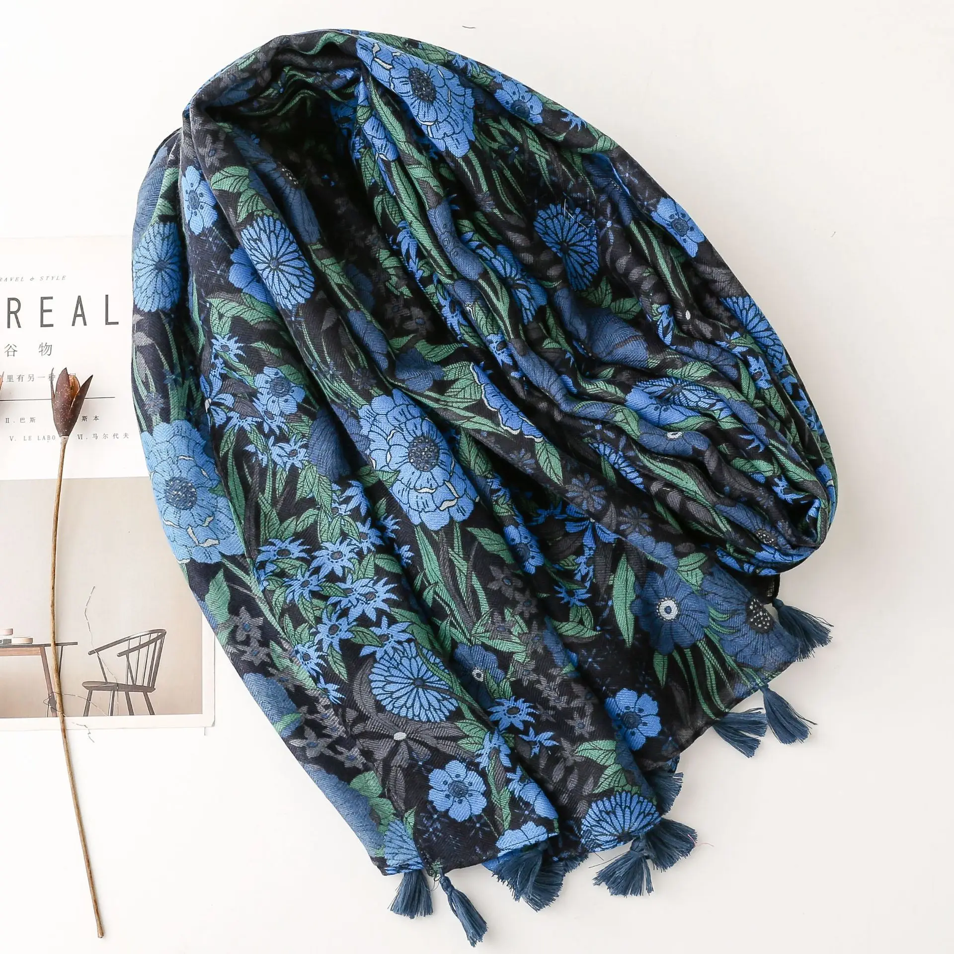 Vintage Blue Floral Silk Scarf for Women - Image 3