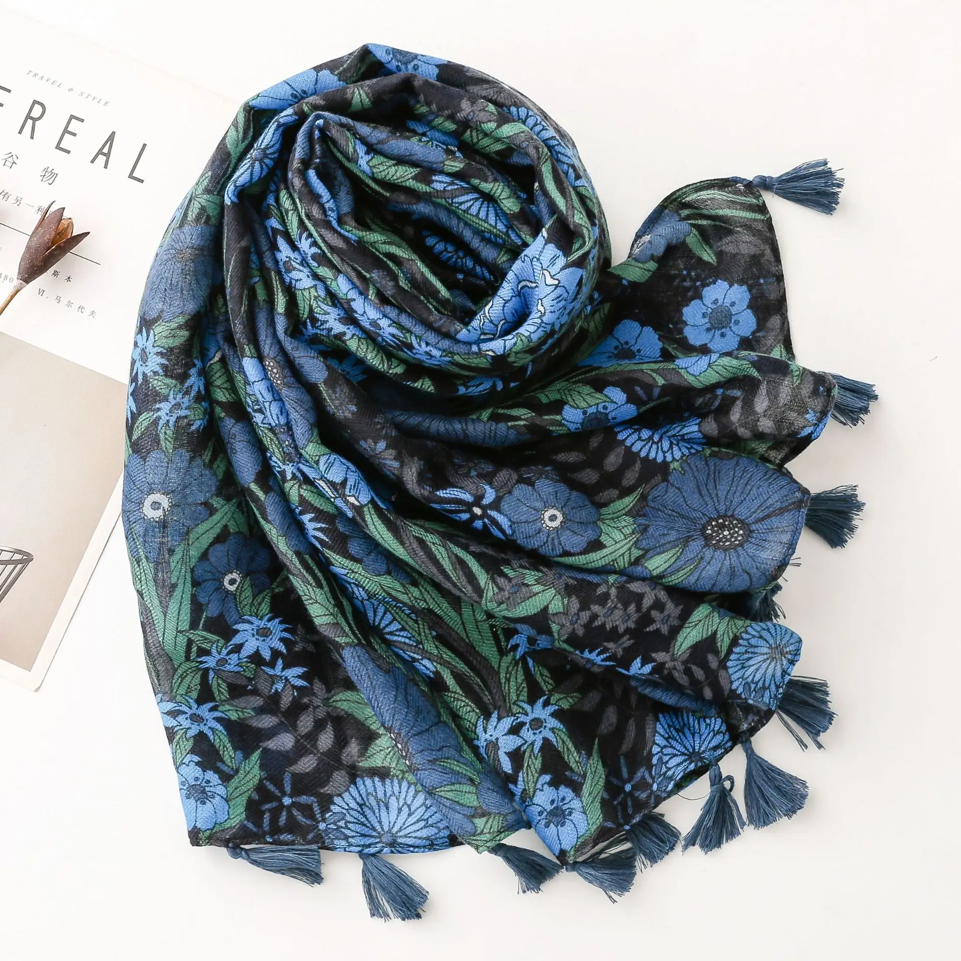 Vintage Blue Floral Silk Scarf for Women - Image 4