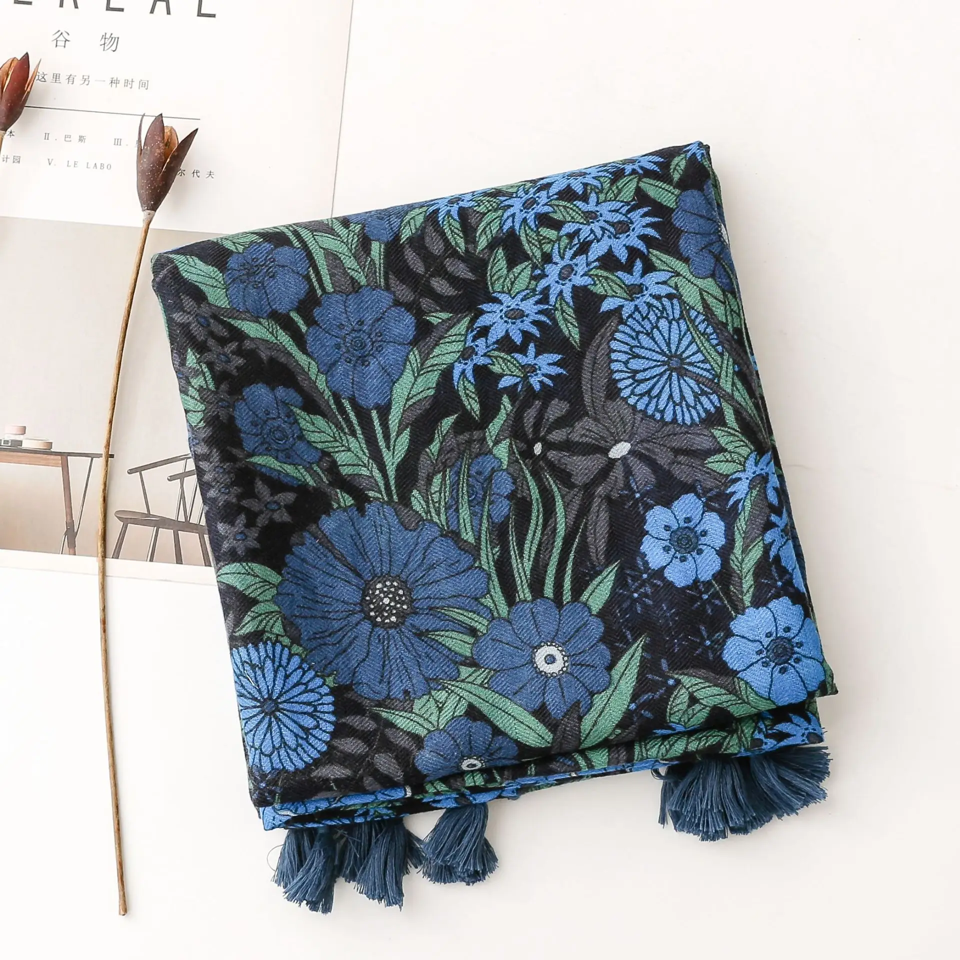 Vintage Blue Floral Silk Scarf for Women — feature 14
