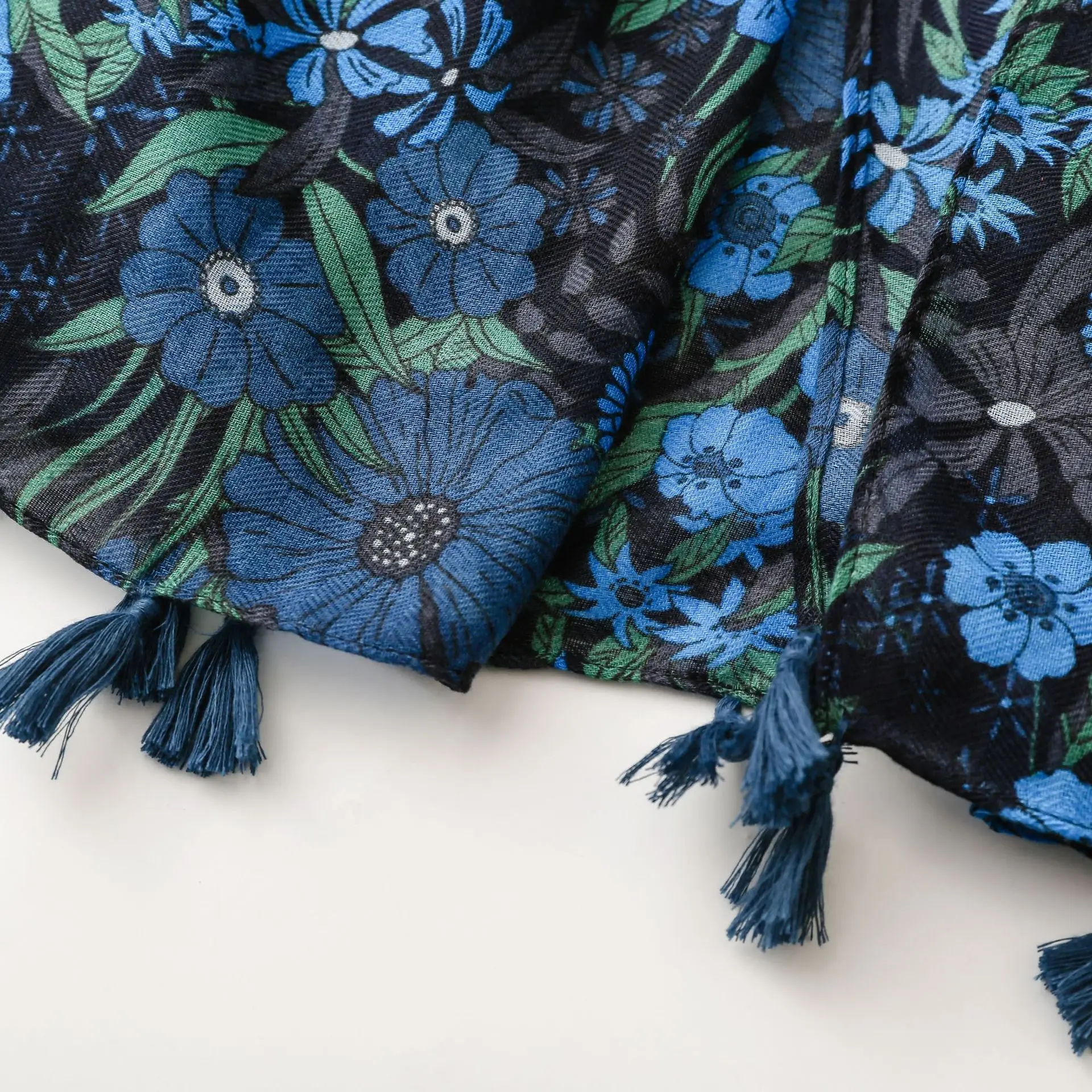 Vintage Blue Floral Silk Scarf for Women — feature 21