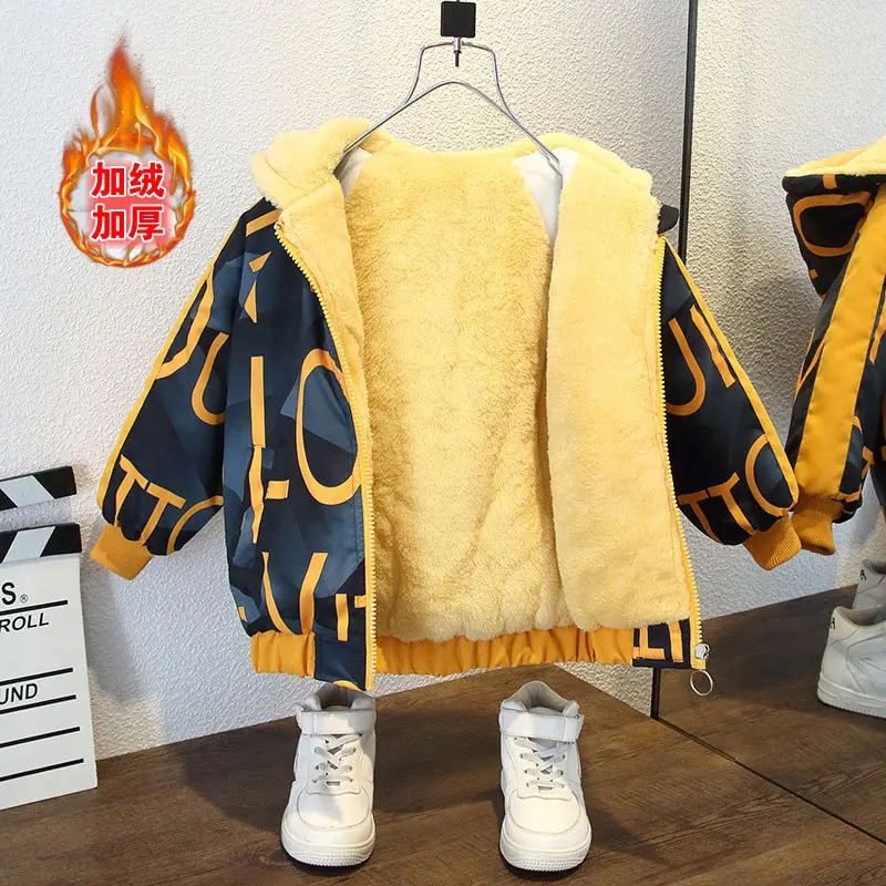 Children's Fleece Lined Jacket Yellow Black Winter Warm Coat - Image 4