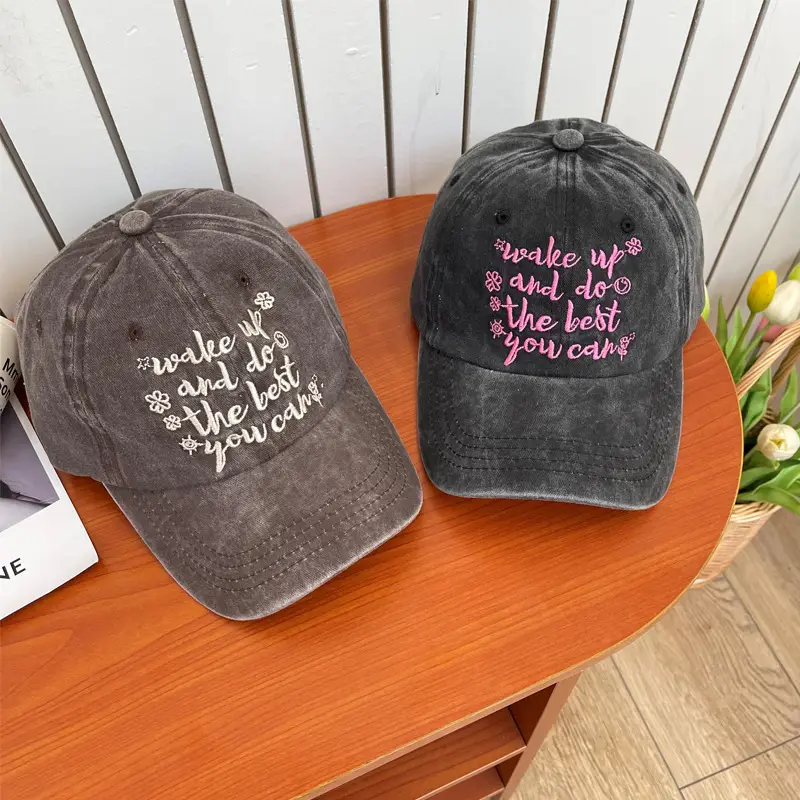 Women's Grey Korean Style Cotton Cap with "Wake Up to Life" Print
