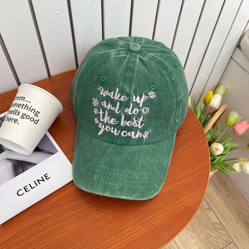 Women's Grey Korean Style Cotton Cap with "Wake Up to Life" Print