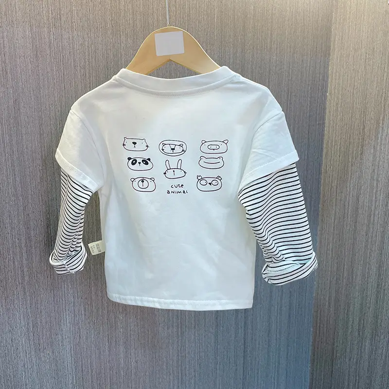 Boys Long Sleeve T-Shirt White Striped Sleeve Pure Cotton Spring Autumn