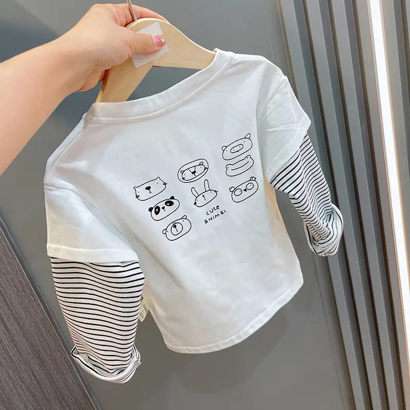 Boys Long Sleeve T-Shirt White Striped Sleeve Pure Cotton Spring Autumn