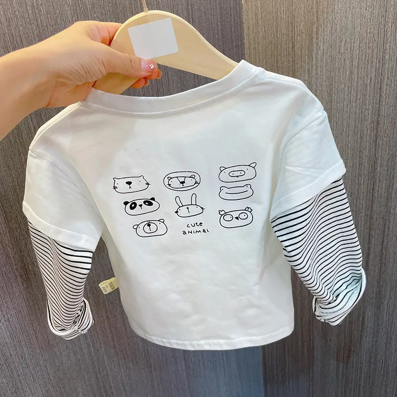 Boys Long Sleeve T-Shirt White Striped Sleeve Pure Cotton Spring Autumn