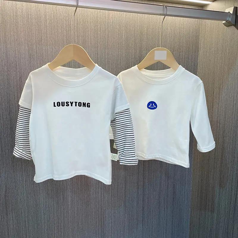 Boys Long Sleeve T-Shirt White Striped Sleeve Pure Cotton Spring Autumn — feature 1