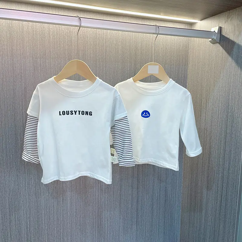 Boys Long Sleeve T-Shirt White Striped Sleeve Pure Cotton Spring Autumn
